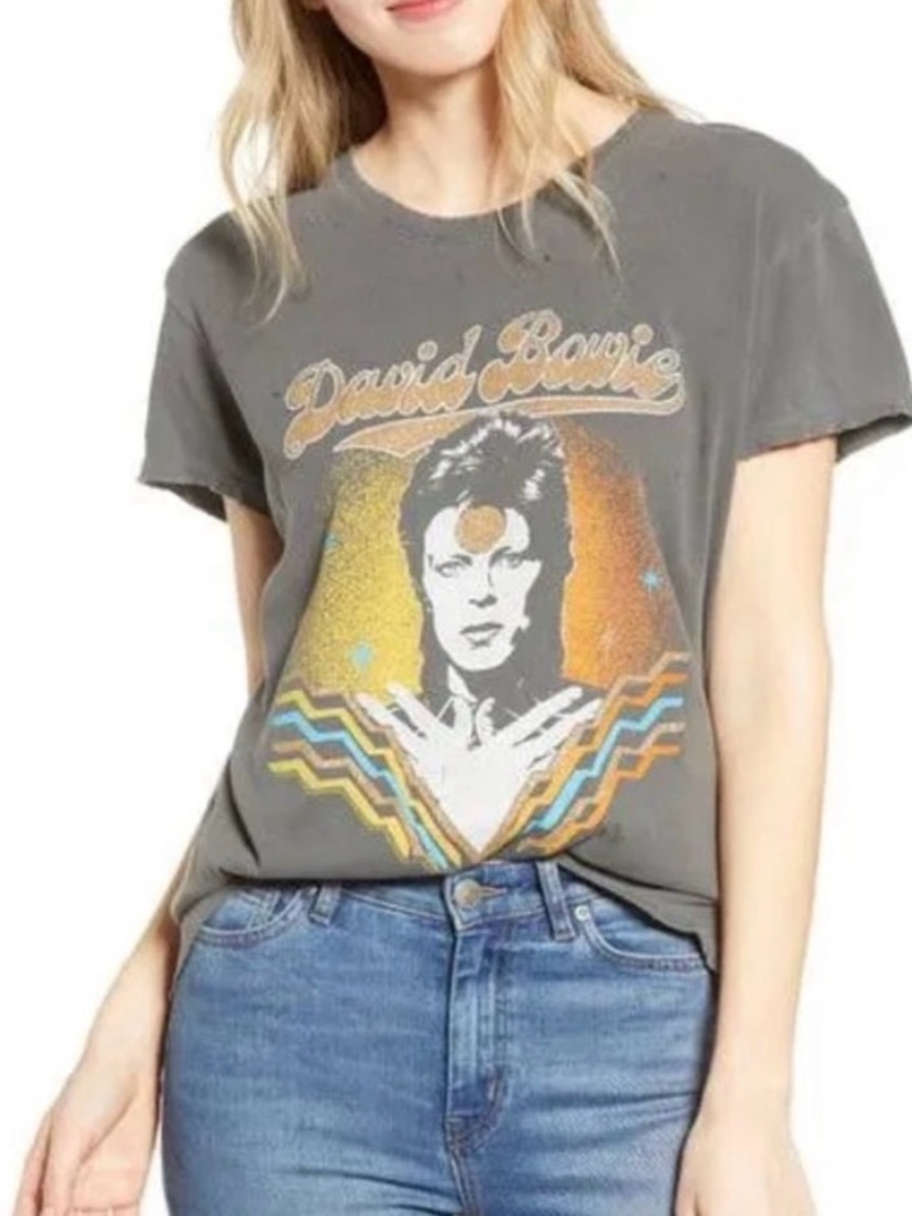RARE Junk Food David Bowie Cropped Glitter Graphic Tee Size XS Gray Retro soft